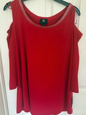 MJ Collection B Red Cold-Shoulder Rhinestone Neck Tunic
